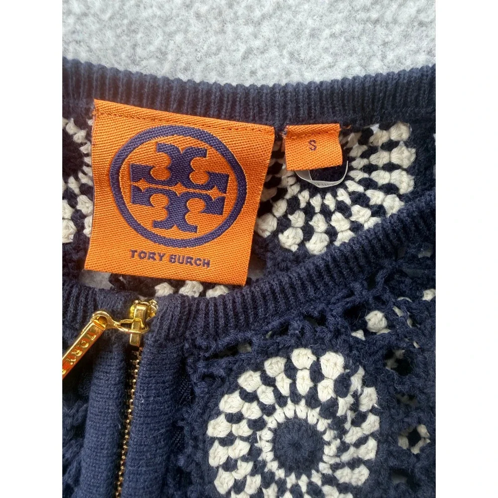 Tory Burch Navy Cream Crochet Medallion Striped Zip Front Cotton Cardigan S